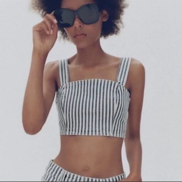Zara Striped Denim Crop Top - Picture 2 of 6
